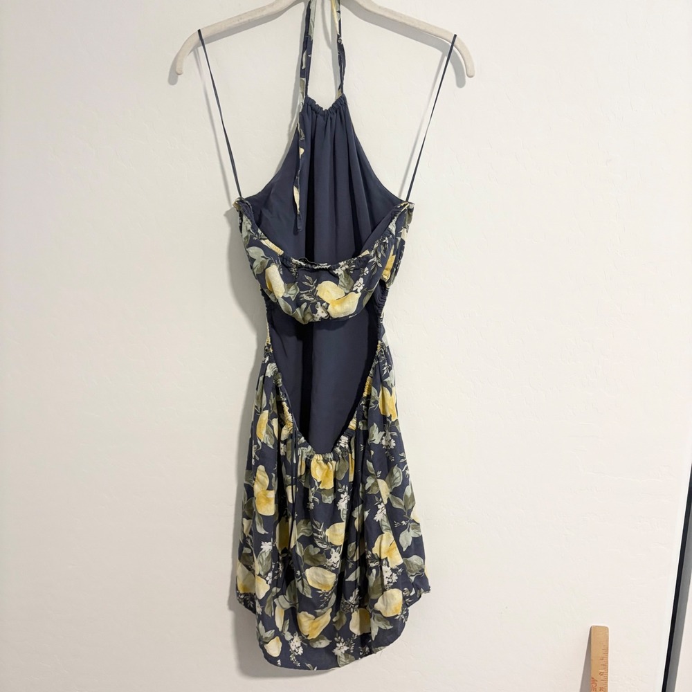 Abercrombie & Fitch Navy Lemon Floral Linen Halter Cut-Out Mini‎ Dress LP Petit - Picture 4 of 7